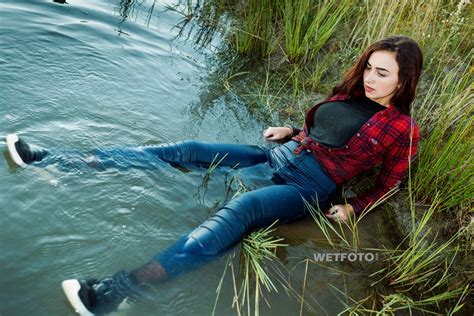 Wetlook By Brunette Girl In Soaking Wet Jeans Shirt And Sneakers Wetlook One