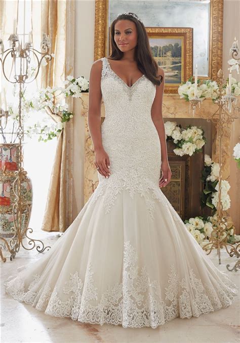 Layers of tulle stacked upon each other will give the flare a more traditional. Mermaid V Neck Tulle Lace Crystal Beaded Plus Size Wedding ...