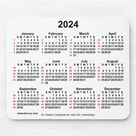 2024 White 52 Weeks Iso Calendar By Janz Mouse Pad Zazzle