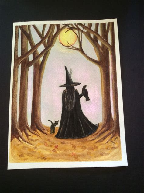 Night Walk Witch With Familiars Watercolor Painting Original Etsy
