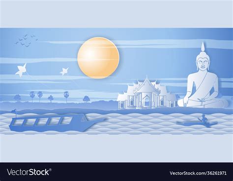 Buddha Thai Temple With A Rowing Boat Around With Vector Image
