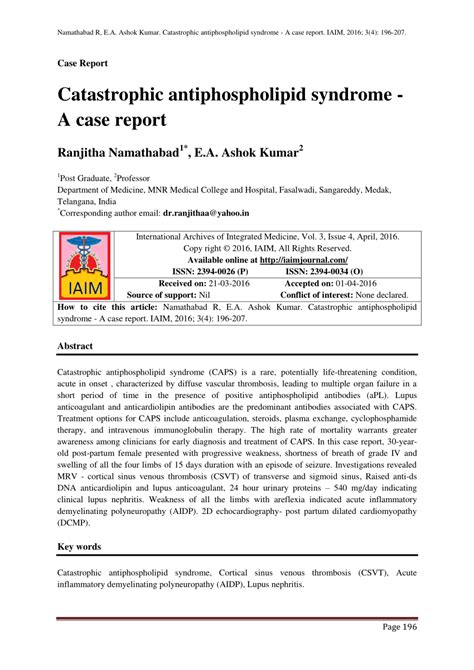 Pdf Catastrophic Antiphospholipid Syndrome A Case Report