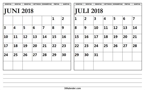 Kalender Juni Juli 2018 Zum Ausdrucken Calendar Calendar Template