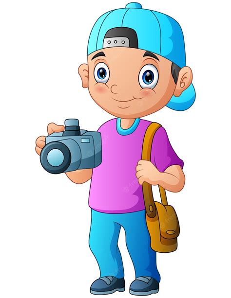 Niño Fotógrafo De Dibujos Animados Sosteniendo Una Cámara Vector Premium