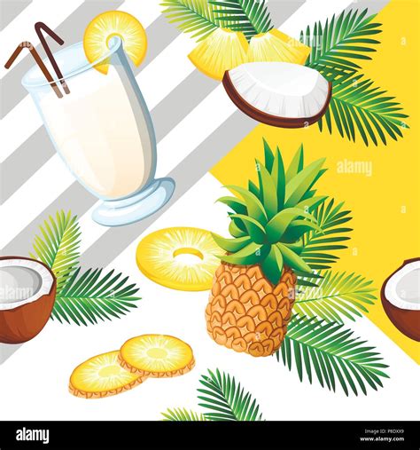 Exotic Seamless Pattern Pina Colada With Coconut Pineapple Drinking