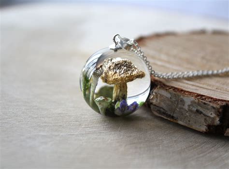 Small Terrarium Necklace With Real Mushroom Moss Lichen And Cranberry