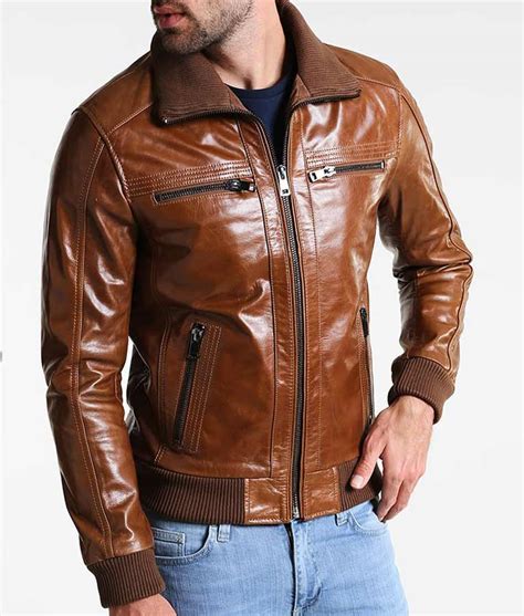 Mens Shining Brown Leather Bomber Jacket - Danzon
