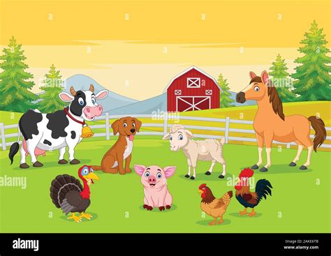Cartoon Farm Animals In The Farming Background Stock Vector Image And Art