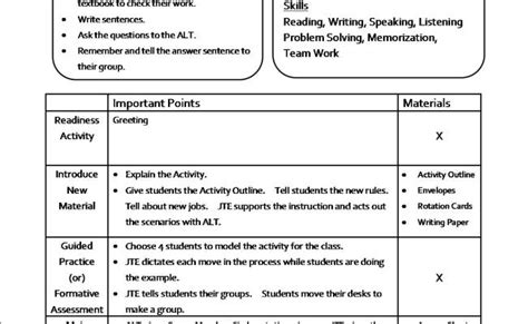 Sample Lesson Plan Using Template 1 Body Benchmarks Lesson Plan