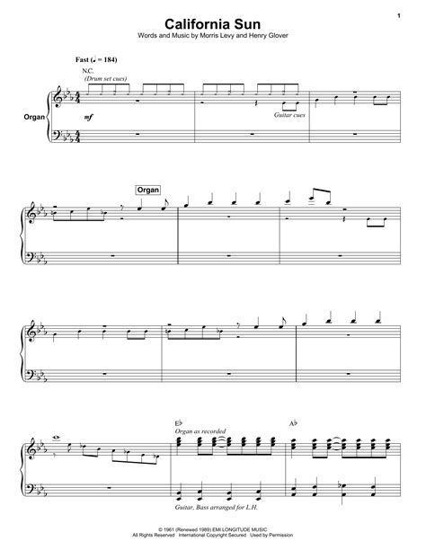 Rivieras "California Sun" Sheet Music PDF Notes, Chords | Pop Score