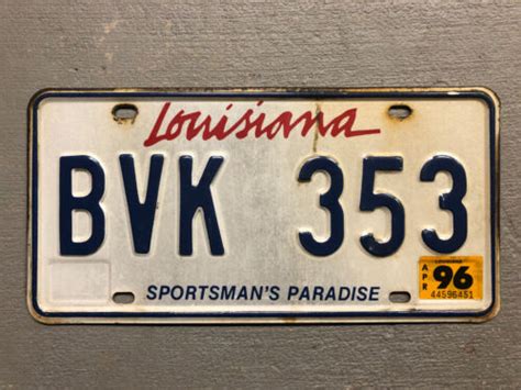 Vintage Louisiana License Plate Sportsmans Paradise Bvk 353 April 1996