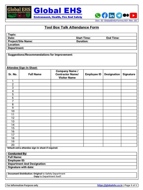 Tool Box Talk Attendance Form Global Ehs Forms 001 Pdf