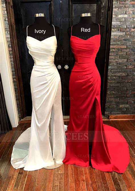 Sheath Column V Neck Sweep Train Satin Prom Dress With Pleated Split Prom Dresses Stacees Co Uk