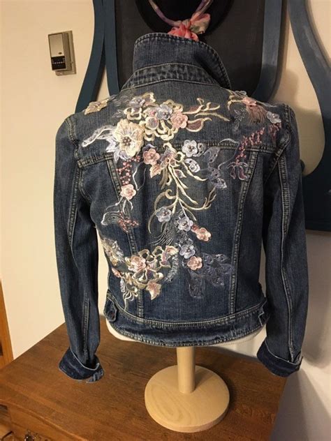 upcycled embellished jean jacket floral appliqué jean jacket pink and blue woman s medium