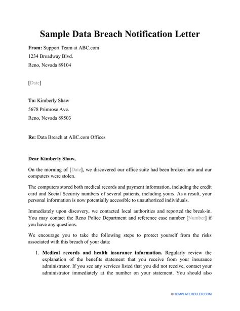 sample data breach notification letter download printable pdf templateroller