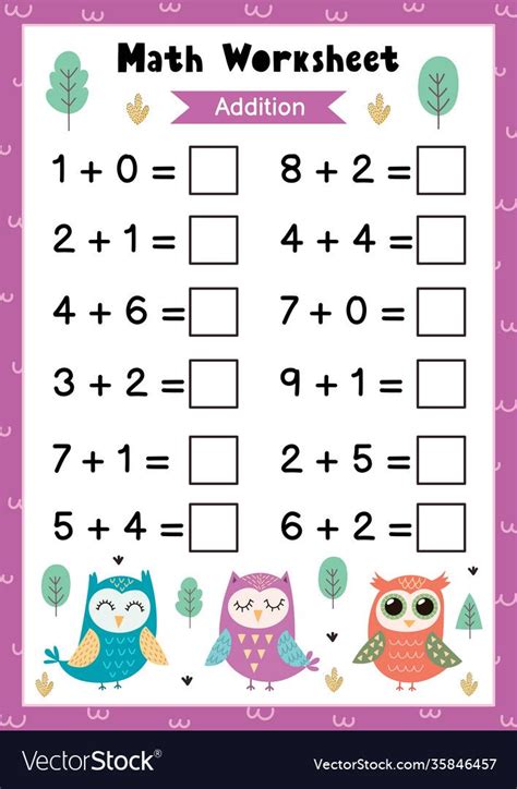 Math Worksheet For Kids Addition Mathematic Vector Image On Vectorstock