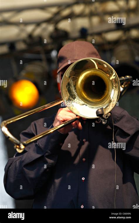 Close Up Of A Trombone Being Played By A Musician Stock Photo Alamy