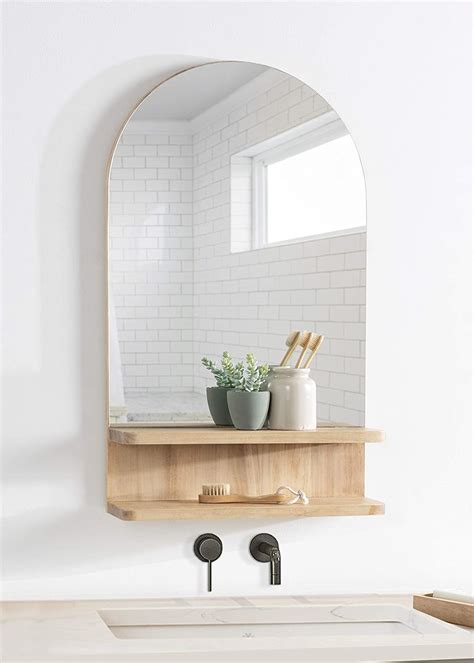 Scandinavian Bathroom Vanity Mirror With Arched Top And Open Storage