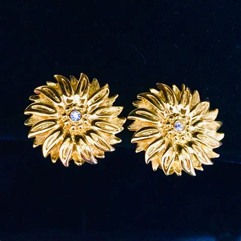 Vintage Joan Rivers Clip Earrings Gold Tone 1 1 4 Across Floral With Crystal Center Carol S