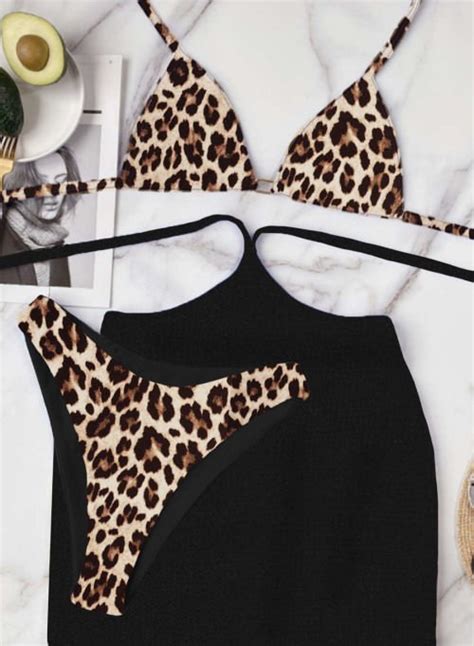 3pcs Leopard Print Halter Triangle Bikini With Sarong