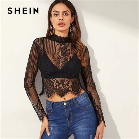 Shein Highstreet Black Mock Neck Sheer Lace Button Slim Fit Stand Collar Top 2019 Spring Casual