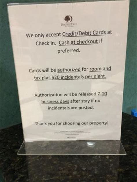 A credit card hold should be removed within 24 hours after you check out. Front Desk Policy - Picture of DoubleTree by Hilton Hotel Greensboro, Greensboro - Tripadvisor