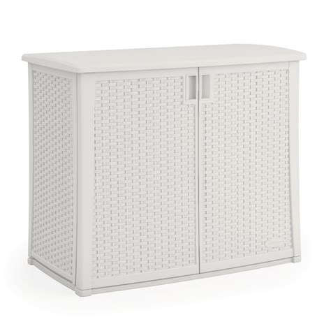 Suncast 97 Gallon Outdoor Resin Wicker Deck Storage Cabinet White