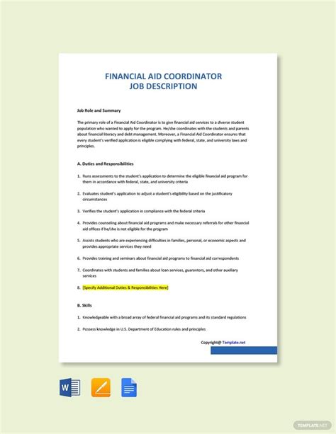 Acts as a resource to staff engaged in providing financial aid. Free Financial Aid Coordinator Job Description Template in ...