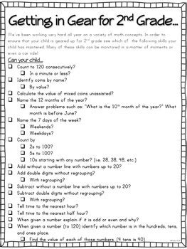 Gearing Up for 2nd Grade math checklist by Brenda Cosby | TpT