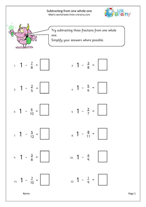 Subtracting Fractions From Whole Numbers Worksheet Year 4