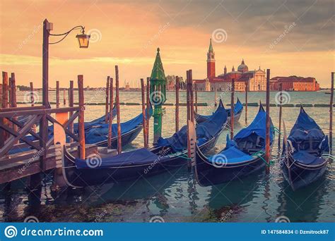 Venice Landscape With Gondolas At Sunset Italy Beautiful View On San