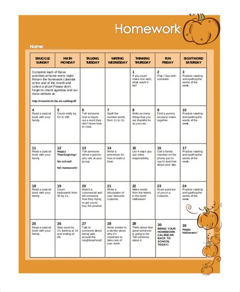 Free 8 Sample Homework Calendar Templates In Pdf