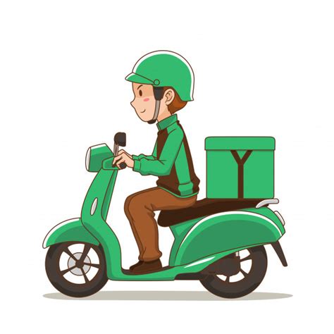 Delivery guy riding with a bike in sea side. Cartoon character of food delivery man riding green ...