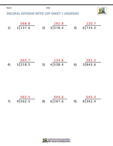 Dividing Decimals By Whole Numbers Worksheet