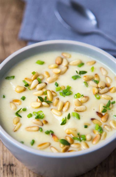 Vegan Celeriac Soup With Roasted Garlic Chives And Pine Nuts Garlic