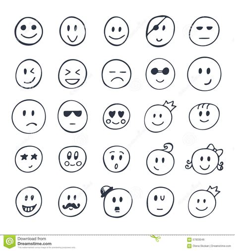 Set Of Hand Drawn Smiley Funny Faces With Different Expressions Stock
