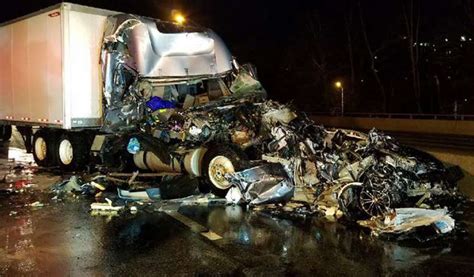 Violent Crash Involving 4 Tractor Trailers Leaves Car Unrecognizable