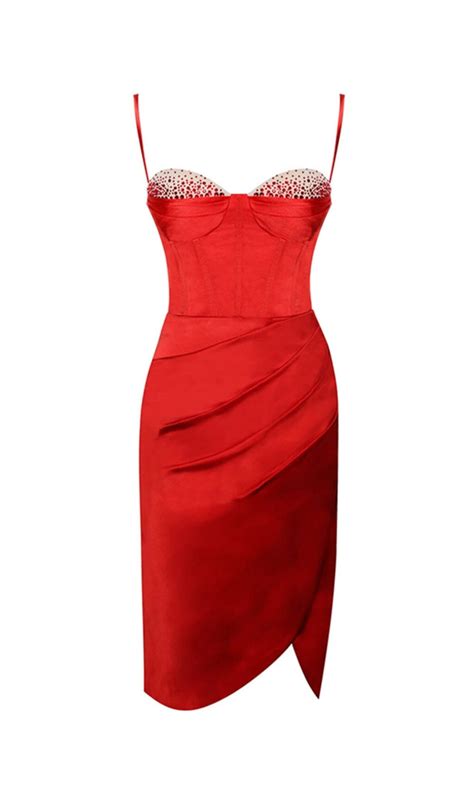 Nyla Red Satin Corset Dress With Crystals Ownci