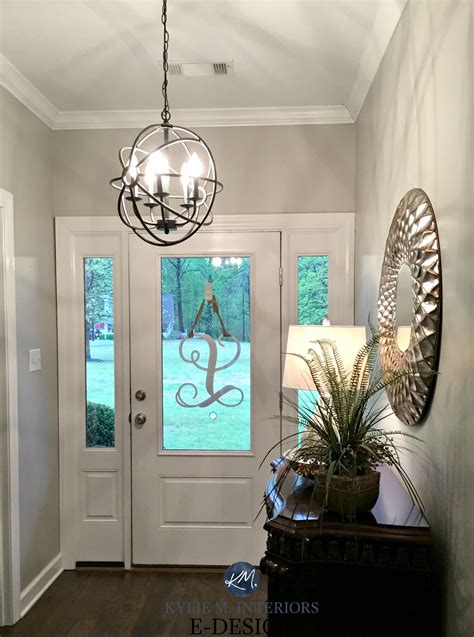 Sherwin Williams Anew Gray Entryway Greige Paint Colour White Front Door Chandelier And