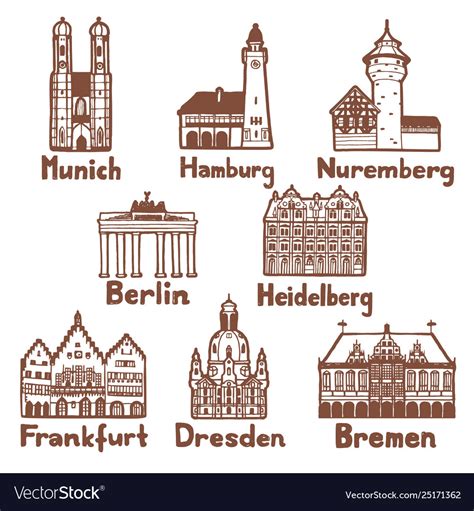German Famous Landmarks Set In Hand Drawn Style Vector Image