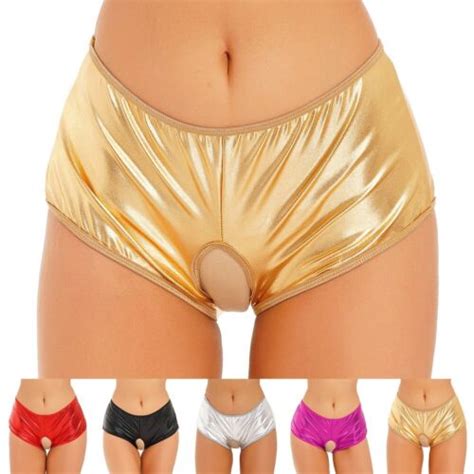 Sexy Female Shiny Bottoms Open Crotch Booty Shorts Nightclub Party Wear
