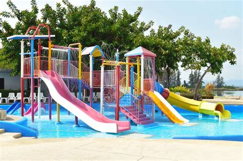Modern Children`s Playground Water Slides In The Water Park Stock