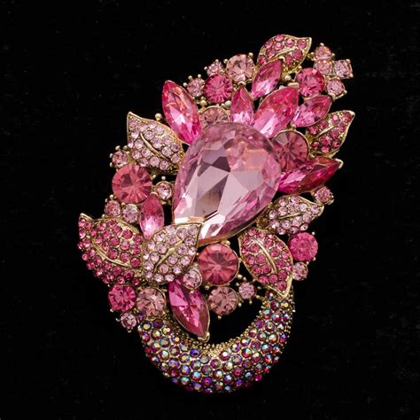 Drop Rhinestone Crystal Pink Flower Pendant Brooch Pins For Women Fashion Jewelry 6534 In