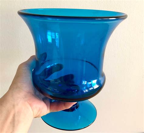 Vintage Blenko Art Glass Footed Blue Urn Vase Etsy