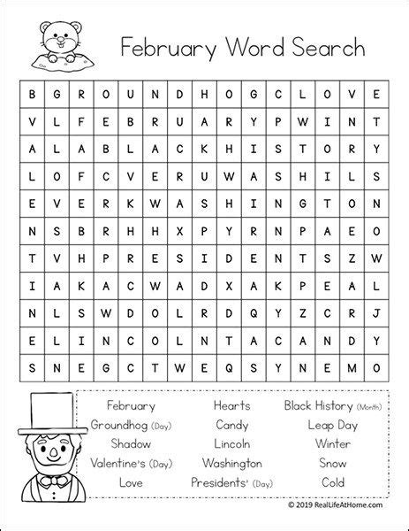 February Word Search Printables For Kids First Grade Words 3rd Grade