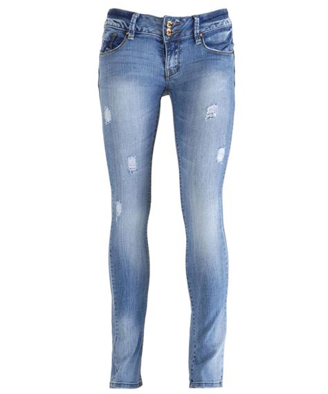 New Women Light Blue Wash Faded Distressed Skinny Slim Fit Denim Jeans