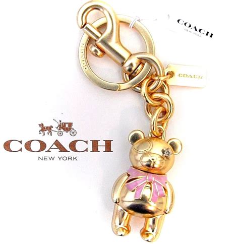 Coach Handbag Pink Ribbon Keychain Gold Bear 3d Metal Fob Purse Charm