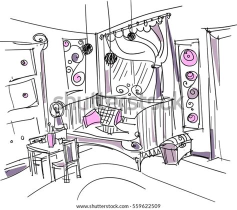 Vector Sketch Interior Child Rooms Girls เวกเตอร์สต็อก ปลอดค่า