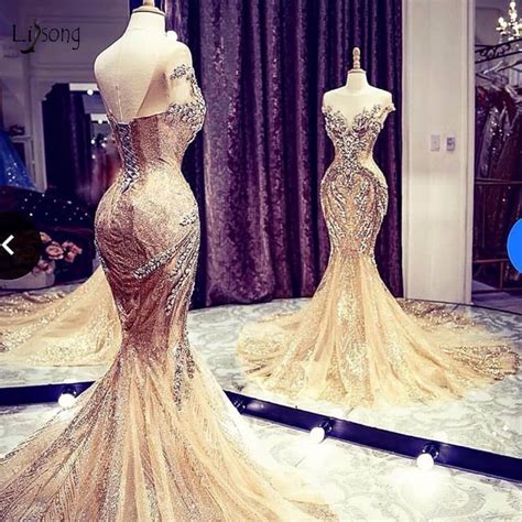 Luxury Gold Sparkle Crystal Mermaid Evening Dresses Dubai Abiye Long
