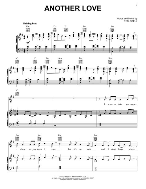 Another Love Sheet Music Tom Odell Piano Vocal And Guitar Chords Right Hand Melody